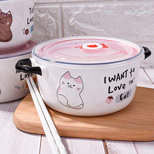 Ceramic Soup Bowl with Lid and Handles, 750 ML Cute Cartoon Cat Ramen Bowl