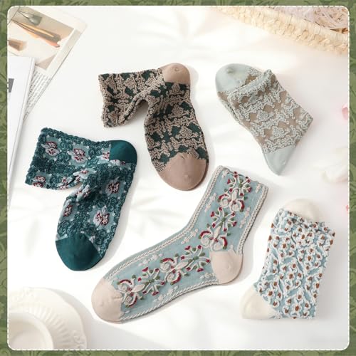 5/6 Pair Crew Socks for Women Floral Socks - color: Light Green, Khaki, White, Dark Blue, Brown