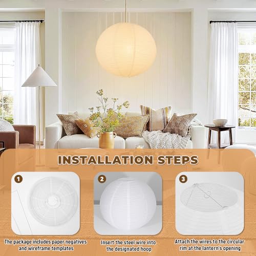 White Round Paper Lantern Lampshade set of 2, 20"x20'' Large Paper Lanterns Pendant Light Shade, Chinese Foldable Design for Living Room, Bedroom, Ceiling Lampshade Party Decor