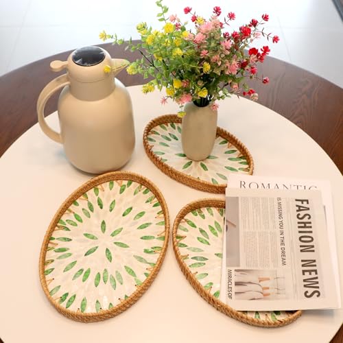 3 Pcs Oval Handwoven Rattan Mother of Pearl Inlay Serving Tray Home Decor