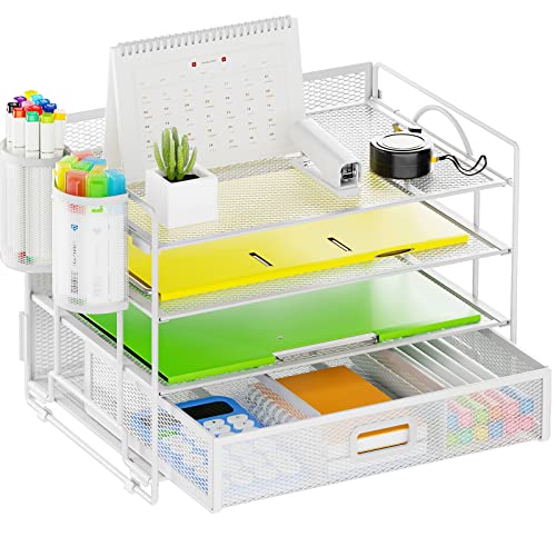 Marbrasse Desk Organizer, 4-Tier Paper File Letter Tray, White - color: White with Pen Holder