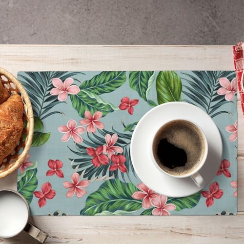 Tropical Flowers Hawaiian Plants Placemats Set of 4 12x18 Inch - color: Red Green, size: Set of 4