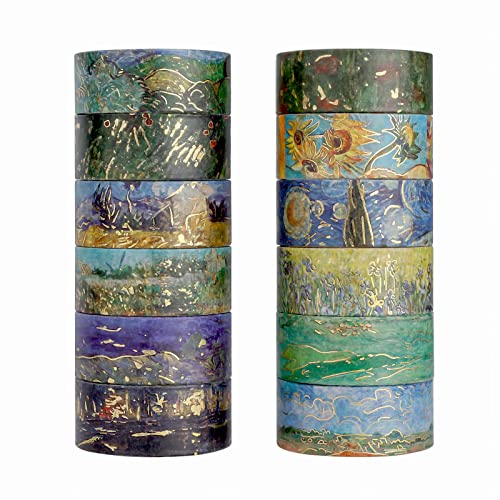 Lychii Washi Tape Set,12 Rolls 5M/16.4Ft Long Gold Foil Masking Tape,15mm - color: Art