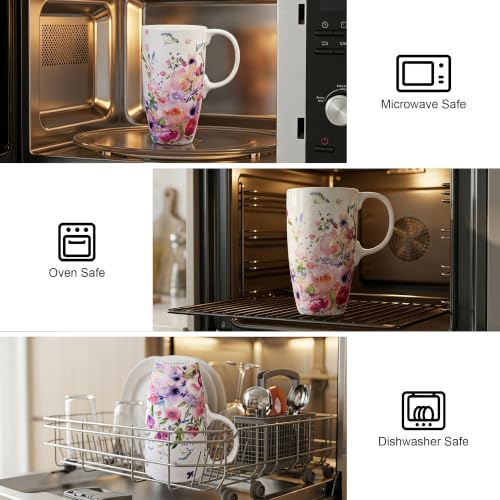 Topadorn 17oz Ceramic Coffee Mug with Lid, Floral Travel Mug with Handle - color: Pink Floral