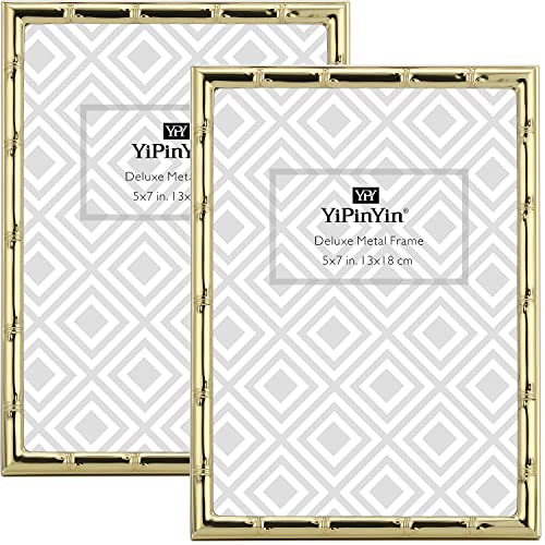 YiPinYin Gold 5x7'' Bamboo Detail Designs Metal Picture Frame 2pack,Elegant Narrow Plated Photo Frames 5x7'' With Soft Touch Velvet Backing for Desktop and Wall Décor - color: Gold, size: 5x7Inch 2PK