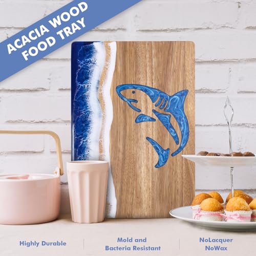 Ocean Resin Shark Charcuterie Board, Acacia Wood & Resin Cutting Board, Decorative Serving Platter for Cheese, Fruit, Snacks, Beach Themed Kitchen Gift for Party, Holiday, Birthday - color: blue shark