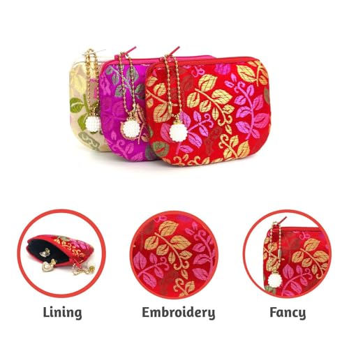 Handmade Women Coin Purse Brocade Zipper Wallet Rosary Pouch Silk Jewelry Bag - RedPro - color: RedPro