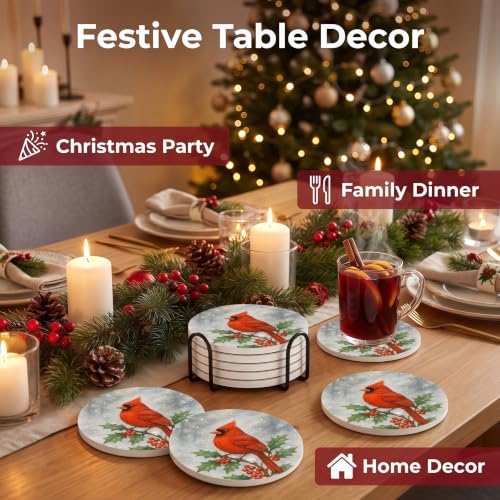 Nikyi 6 Pcs Cardinal Christmas Winter Red Bird Ceramic Absorbent Coasters, Round Drink Coaster with Metal Holder and Cork Base, for Coffee Table Kitchen Bedroom Living Office Desk Home Decor Or Gifts - color: Cardinal Christmas Winter Red Bird