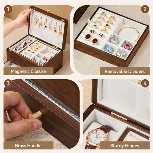 Black Walnut Wooden Jewelry Box for Women, 3 Layer Organizer with Drawer - color: 3 Layer