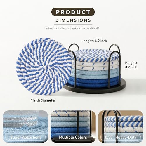 Lazebox Coasters Set of 8 for Drinks, 4 Inch Large Coasters for Coffee Table, Tabletop Protection for Hot & Cold Drinks, Versatile Coasters for Home Decor, Non-Slip & Easy to Clean, Sky Blue - color: Sky Blue