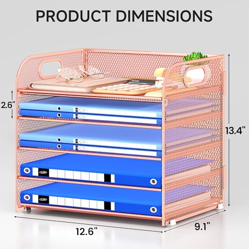 Paper Organizer Letter Tray with Handle Mesh 5 Trays - color: Rose Gold, size: 12.6" x 9.1" x 13.4"