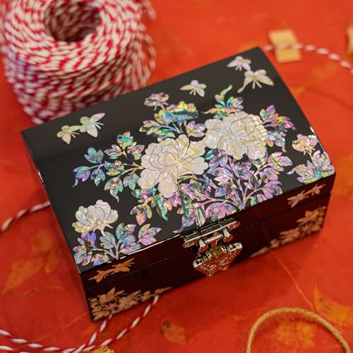 February Mountain Mother of Pearl Small Jewelry Box with mirror lid, Jewelry Storage Organizer for Earring, Necklace, Rings, Bracelet & Accessories - color: Black