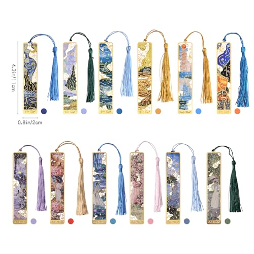 12 Pieces Metal Bookmarks with Tassel, Golden Hollow Bookmark Oil Painting Theme Girl Book Mark Bookmarks for Book Lovers Writers Readers Children Teens Men Women Adults - style: 12Pcs Garden