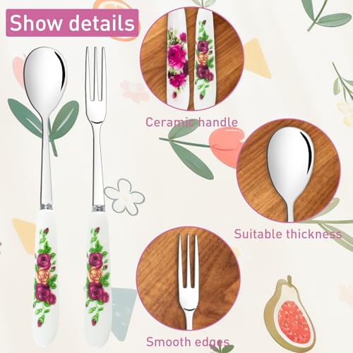 28 Pcs Dessert Forks and Spoons Silverware Set with Ceramic Handle