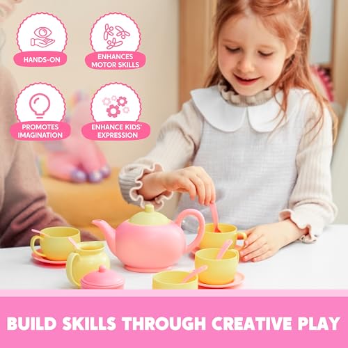 JOYIN 18PCS Pretend Tea Party Set, Pink Plastic Tea Set, Mini Kitchen for Kids, Gifts for Kid Boys Girls, Easter Birthday Gifts - style: Pink Teapot