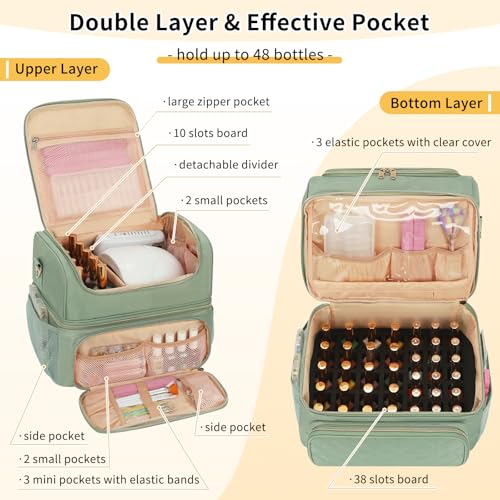 CUBETASTIC Nail Polish Organizer & Storage Bag for 48 Bottles & Full-Size Lamp, Double-Layer Travel Case Box for Nail Supplies, Manicure Kit & Pedicure Tools (Green, 48 Slots) - color: Green, size: 48 Slots