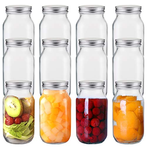 Jucoan 12 Pack 24 oz Glass Mason Jar Canning Jar with Silver Airtight Metal Lids, Regular Mouth Glass Jars for Preserving Fruits, Vegetables, Pickles, Tomato Juices and Sauces, Square Shape