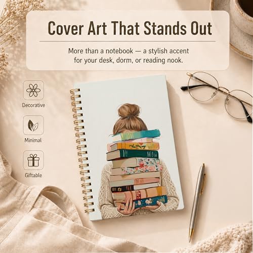 Girl with Pile of Books Spiral Notebook, Reading Journal for Book Lovers, Librarian Gifts for Women, Bookish Bookworm Gifts Hardcover Lined Notebook Journal, 5.5x8.3 Inch - color: pattern-1