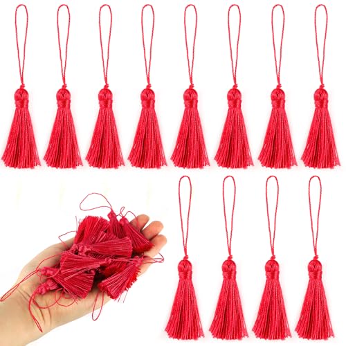 BEL AVENIR 45 pcs Mini Bookmark Tassels 3.75inch Silky Key Tassel-Red - color: Red