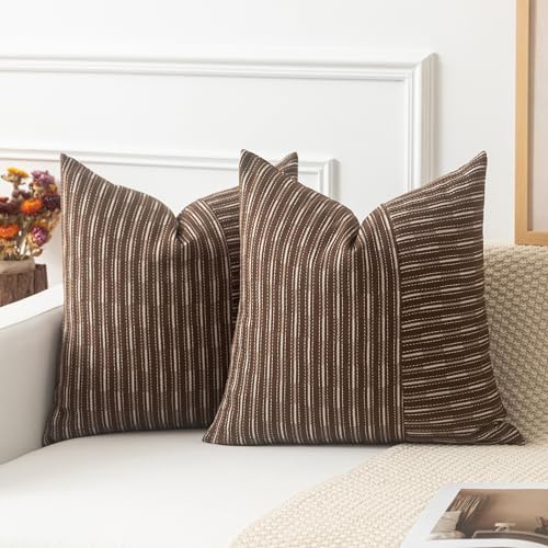 Kevin Textile Brown and Beige Farmhouse Striped Patchwork Linen Decorative Throw Pillows Covers 18x18, Set of 2, Modern Accent Square Cushion Covers for Couch Chair Bedroom Fall Decorations - color: Brown, size: 18" x 18" (Pack of 2)