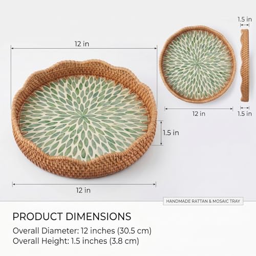 12 Inch Round Rattan Tray Mother of Pearl Inlay, Leaf Style - style: Leaf Style