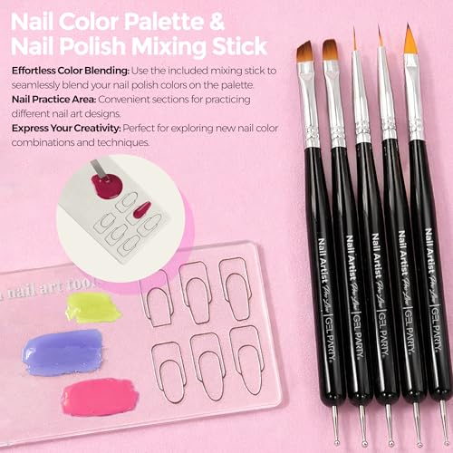 GELPARTY Professional Nail Art Brush Kit – 10 Pcs Dual-Ended Nail Art Tools Set with 6 Brush & Dotting Pens, Poly Gel Tool, Nail Brush, Brush Holder & Nail Art Palette – Salon & Home Use