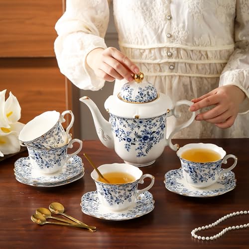TATSUMI Country Roses Porcelain Tea Set, European Ceramic tea set for adults,Vintage Style, For Women and Tea Parties (BLUE, 13 Pieces Set) - color: Blue, size: 13 Pieces Set