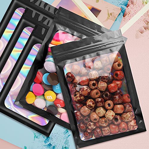 Funfery 100 pcs Black Mylar Holographic Bags Packaging Bags,Clear Resealable Smell Proof Bag Foil Pouch Zipper Bag for Food Storage,Lipgloss,Jewelry,Eyelash Packaging for Small Business(3.5x6.3In) - color: Black, size: 3.5 x 6.3 Inch
