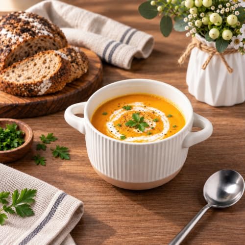 AmorArc 24 oz Soup Bowls with Lids, Ceramic Soup Containers with Handle - color: Light Beige(Line ), size: Set of 2