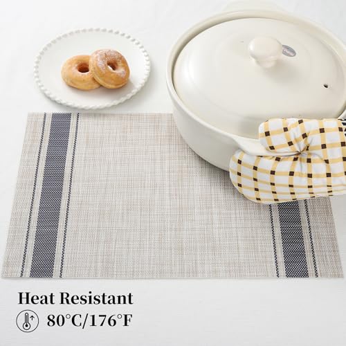 Leetaltree Khaki-Blue Placemats, Heat Resistant Non-Slip Place mats for Dining Table, Washable Durable PVC Vinyl Woven Table Mats (Set of 8) - color: H1- Khaki Blue, size: Set of 8
