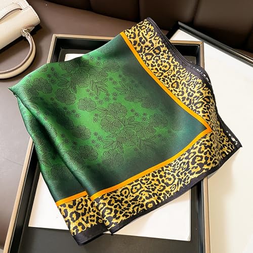 100% Mulberry Silk Neck Scarf for Women Square Neckerchief – 21 inch - color: Green Leopard
