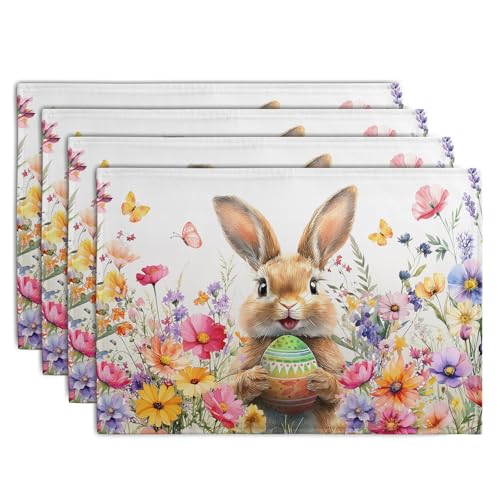 Easter Rabbit Placemats Set of 4 Spring Bunny Colorful Egg Wildflower Place Mat 12x18 Inch Seasonal Farmhouse Linen Fabric Table Mats for Kitchen Dining Outdoor Indoor Easter Party - color: Easter Bunny Flower