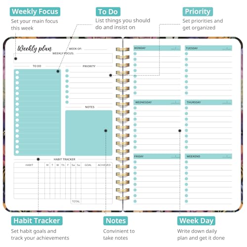 Taja Undated Weekly Planner, To Do List Notebook with Habit Tracker, A5 - color: s.Midnight Bloom