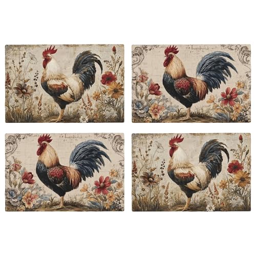 Rooster Table Placemats Set of 4 Place Mats Linen Wipeable Placemats Waterproof Rectangle Table Mat for Kitchen Dining Dinner 18 X 12 Inch - color: Rooster