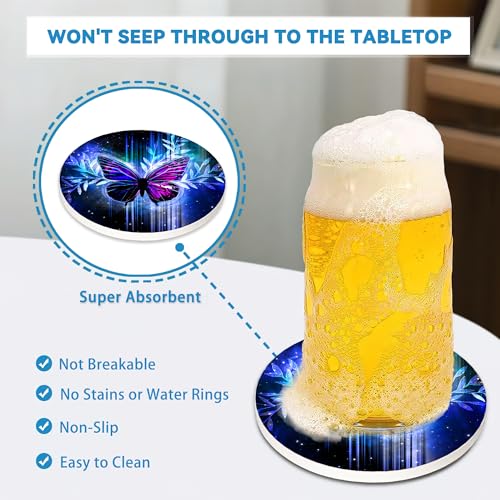 Drinks Coasters Set of 4, Magic Butterfly Round 4" Cup Coasters, Absorbent Ceramic Stone Coasters with Cork Base, Cute Coasters for Table Home Décor, Ideal Gifts for Women Men - color: Magic Butterfly