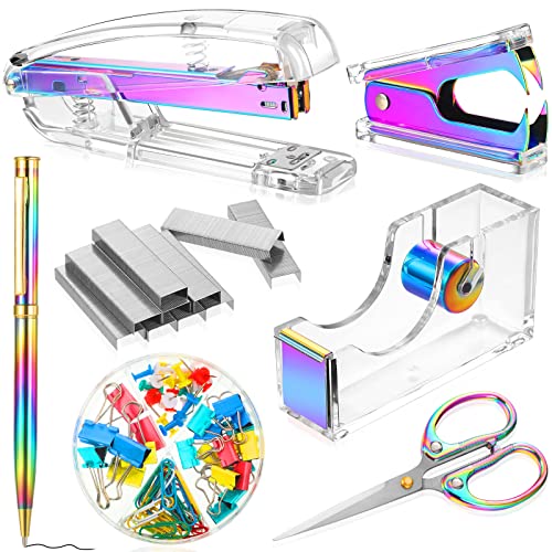 Office Supplies Set Desk Accessory Kit, Acrylic Stapler Set Staple Remover, Tape Dispenser, Binder Clips, Paper Clips, Ballpoint Pen and Scissor with 1000 Pieces 26/6 Staples (Rainbow Color) - color: Rainbow Color
