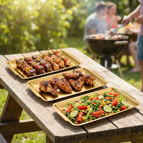 3-Piece Gold Serving Trays,304 Stainless Steel Heavy Duty Rectangular Platters,12.6 Inch Metal Food Server Set,Chip & Scratch Resistant,Rustproof Commercial Grade for Party, Wedding,Buffet,Christmas - color: Gold, size: 12.6''×6.2''