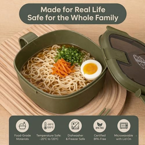 Microwave Ramen Bowl with Lid, Noodle Soup & Pasta Cooker, Leakproof,Green. - color: Sage Green, size: 50 oz (Single Bowl)