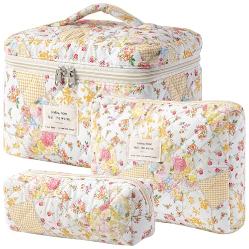 HBselect Quilted Makeup Bag, 3Pcs Cotton Large Travel Makeup Bags Organizer - color: A-3PCS-Floral 37