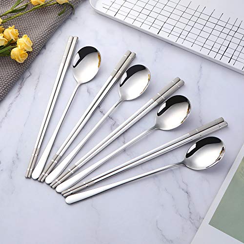 Buyer Star 4 Set Silver Square Chopsticks and Spoon Set Metal Stainless Steel Spoon Chopsticks Set - color: silver-square chopstick and spoon