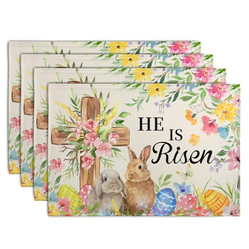 He is Risen Easter Placemats Set of 4 12x18 Inch Bunny Floral Cross Table Mats Spring Rabbit Flowers Eggs Place Mat for Dining Table Party Kitchen Decoration - color: Easter Floral Cross