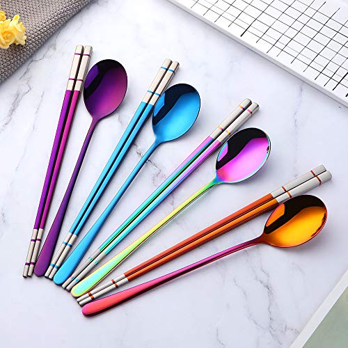 Buyer Star 4 color Square Chopsticks and Spoons Set Metal Stainless Steel Spoons Chopsticks Set - color: 4 color B-square chopstick and spoon