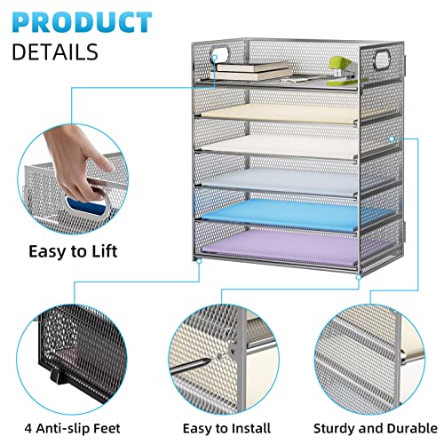 Marbrasse 2 Pack Desk Organizer with Handle, 6 Tier Paper Letter Tray, Mesh Desk File Organizer for Office, School and Home - Silver - color: 2 Pack - Silver