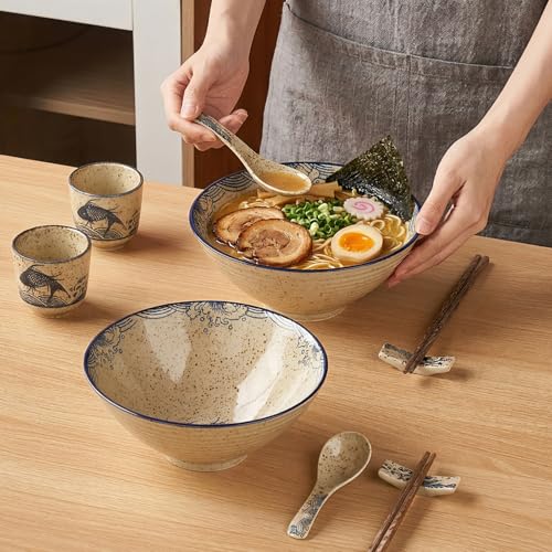40 OZ Ceramic Ramen Bowl Set with Spoons, Chopsticks and Rests