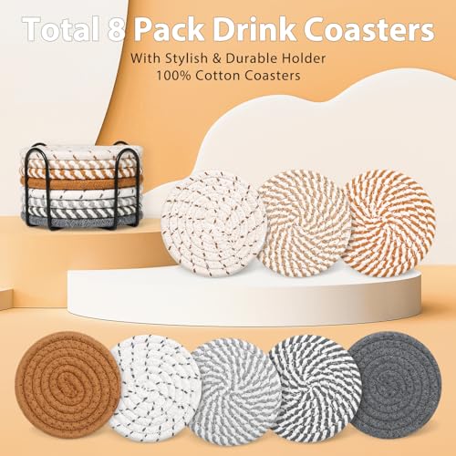 Mckanti 8 Style Drink Coasters with Holder, Absorbent Coasters for Coffee Table, Minimalist Cotton Woven Coaster Set for Home Decor Tabletop Protection Suitable for Kinds of Cups, 4.3 Inches. - color: Muti-color E
