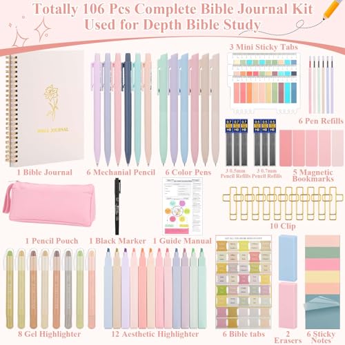 Flasoo 106 Pack Bible Study Supplies Journaling Kit for Women, Church Journal Note Taking Annotation Kit, Tabs and Highlighters Set with Pencil Case and More Bible Accessories Christian Gift - color: pink