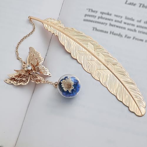 Toirxarn Metal Feather Bookmark, Back to School Teacher Gift for Women - color: Feather Gold - Blue Crystal With White Flower