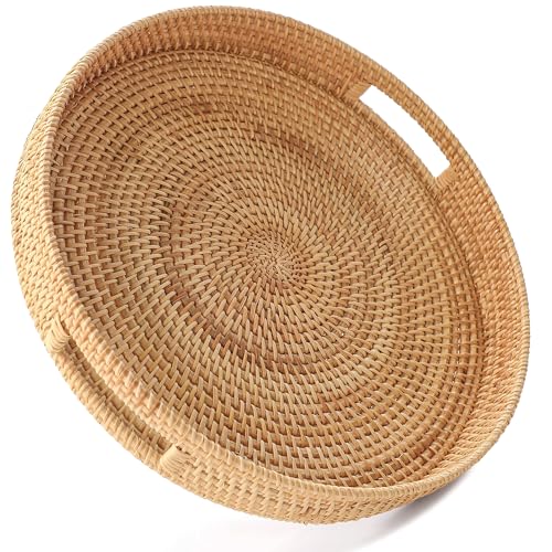 HITOMEN 14.2" Hand-Woven Round Rattan Serving Tray Decorative Ottoman Wicker Platter with Handles for Coffee Table, Breakfast, Drinks, Snack, Bread, Fruit, Vegetables (Natural-L) - color: Natural, size: Large (14.2 inches)