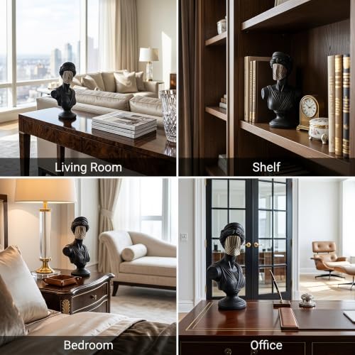 15" Large Bust Statue with Gold Mask, Black Resin Classical Greek Sculpture Home Decor, Modern Lightweight Durable Art Piece for Living Room Table Shelf Office Gift - color: Black