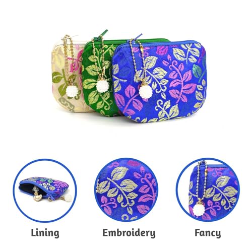 Handmade Women Coin Purse Brocade Zipper Wallet Rosary Pouch Silk Jewelry Bag - BluePro - color: BluePro